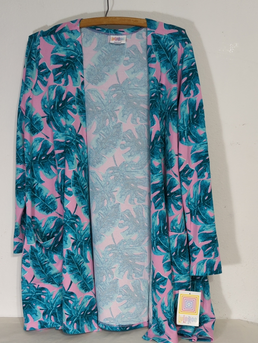 LuLaRoe Caroline Pink & Teal Tropical Open Front Cardigan W/Pockets Medium